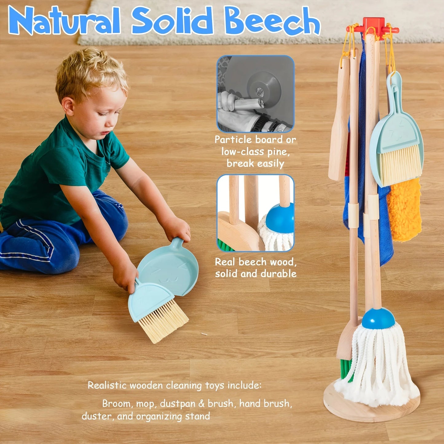 Wooden Kids Cleaning Set For Toddlers,8 Pieces Montessori Cleaning Toys Broom And Mop Set