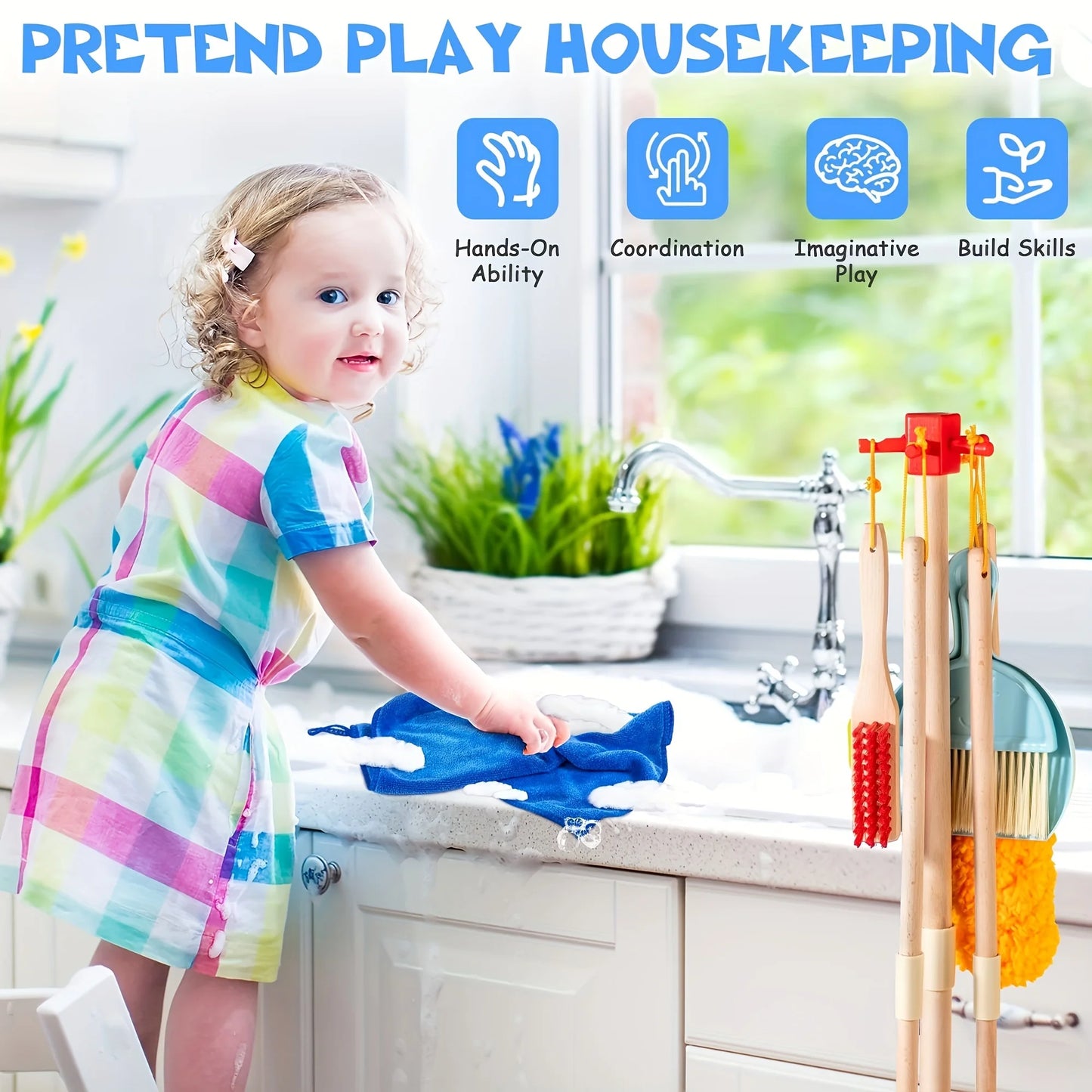 Wooden Kids Cleaning Set For Toddlers,8 Pieces Montessori Cleaning Toys Broom And Mop Set